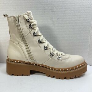 Steve Madden Womens Sz 9.5 Genuine Leather Cream Combat Ankle Boots Lace Up Zip